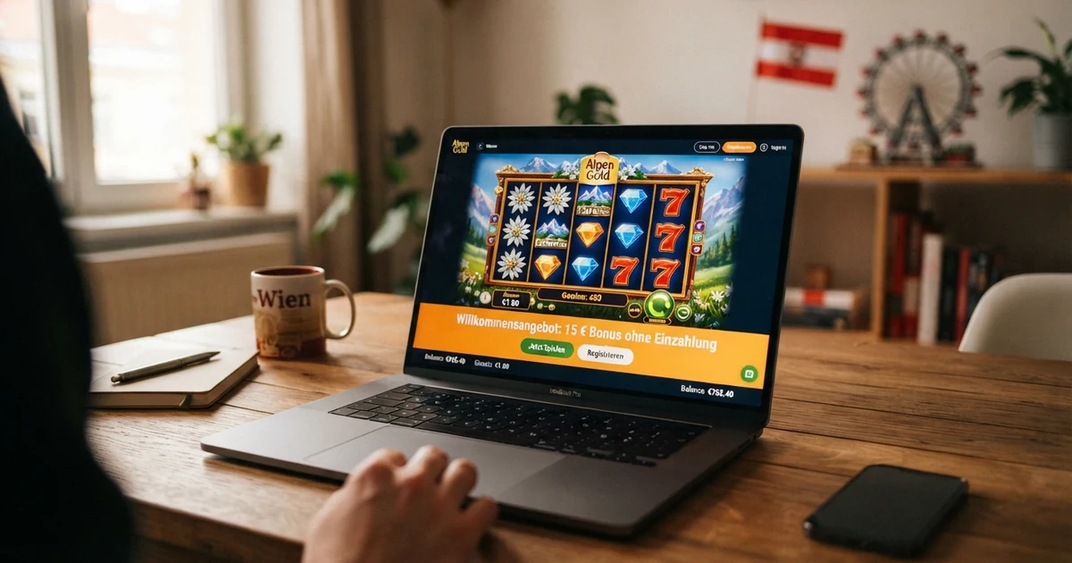 Ein Laptop-Bildschirm mit einer geöffneten Online-Casino-Seite, auf der ein Willkommensangebot mit „15 € Bonus ohne Einzahlung“ beworben wird; im Hintergrund eine österreichische Flagge oder ein Wien-Motiv