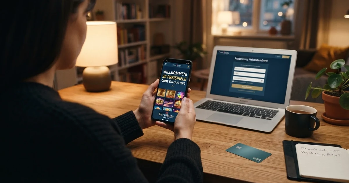 Online-Casino-Werbeanzeige mit der Aufschrift „Freispiele“ auf einem Bildschirm, daneben eine Smartphone-Ansicht der Registrierungsseite