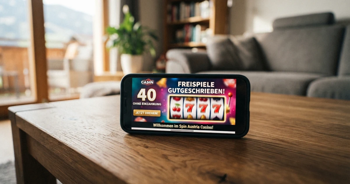 Ein Smartphone-Bildschirm zeigt ein Online-Casino mit der Anzeige „Freispiele gutgeschrieben“ neben einem Slot-Walzen-Set