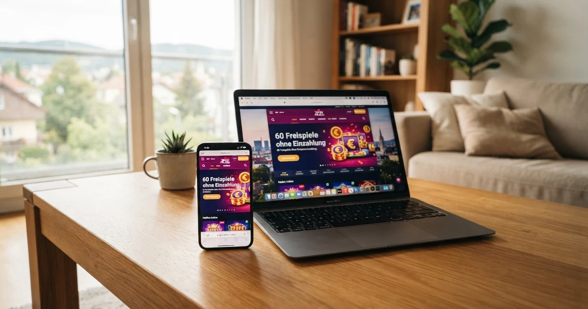 Eine geöffnete Online-Casino-Startseite mit einem Werbebanner für „60 Freispiele ohne Einzahlung“, daneben ein Smartphone mit dem gleichen Angebot auf dem Bildschirm.
