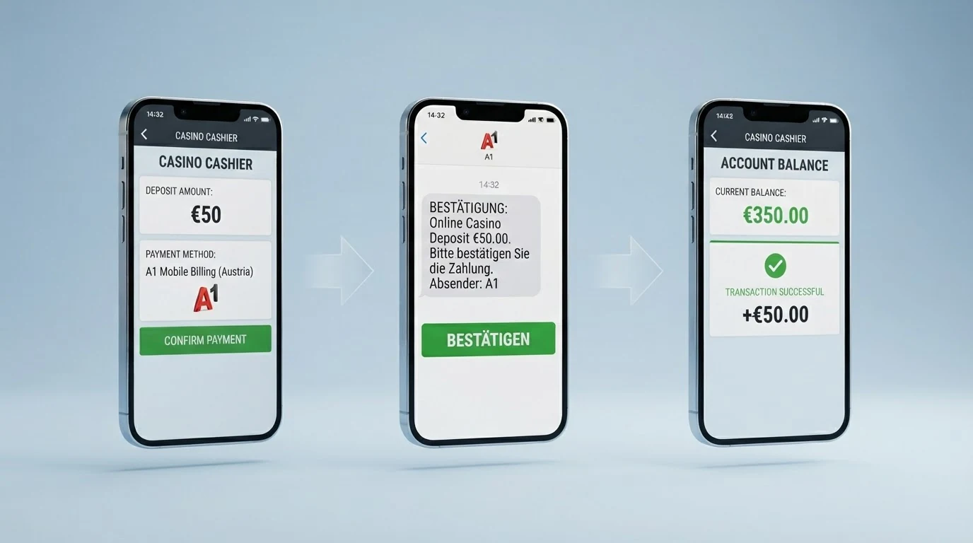 Eine dreistufige Grafik: Casino-Kasse mit A1-Auswahl, SMS-Bestätigung auf dem Handy, Spielguthaben mit grünem Plus-Symbol