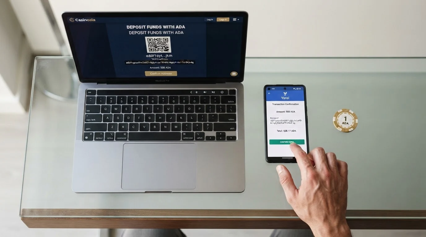 Schematische Darstellung des ADA-Einzahlungsprozesses: Wallet, Transaktionsbestätigung auf der Blockchain und Gutschrift im Casino-Konto