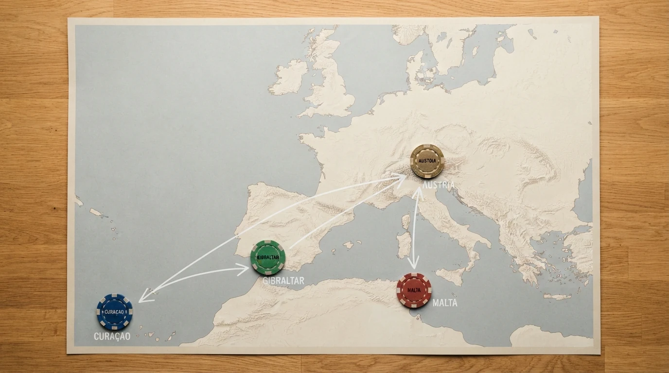 Eine stilisierte Europakarte mit hervorgehobenen Glücksspiel-Lizenzstandorten Malta, Gibraltar und Curaçao — alle durch Pfeile mit Österreich als Spielerstandort verbunden