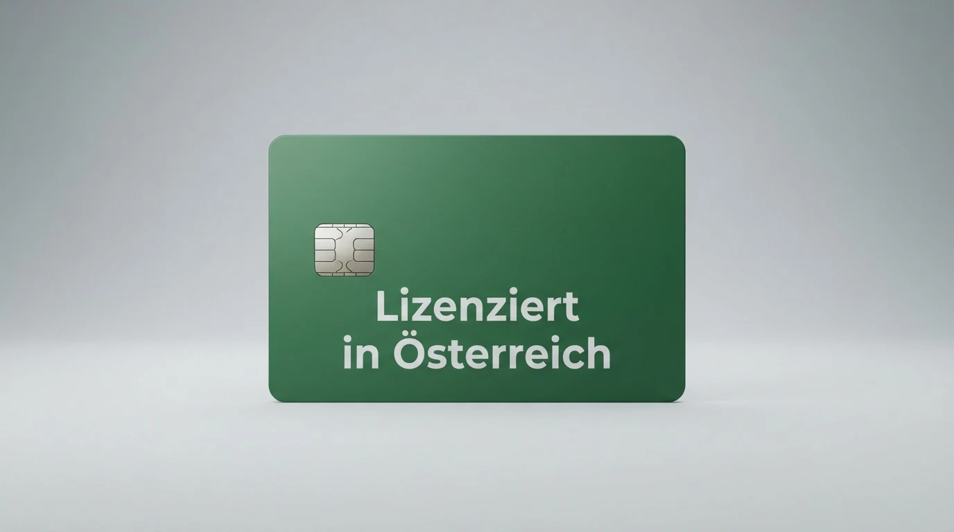 Eine tabellarische Übersicht von Casino-Logos mit farblich markiertem AT-Lizenzstatus — grün für lizenziert, rot für nicht lizenziert