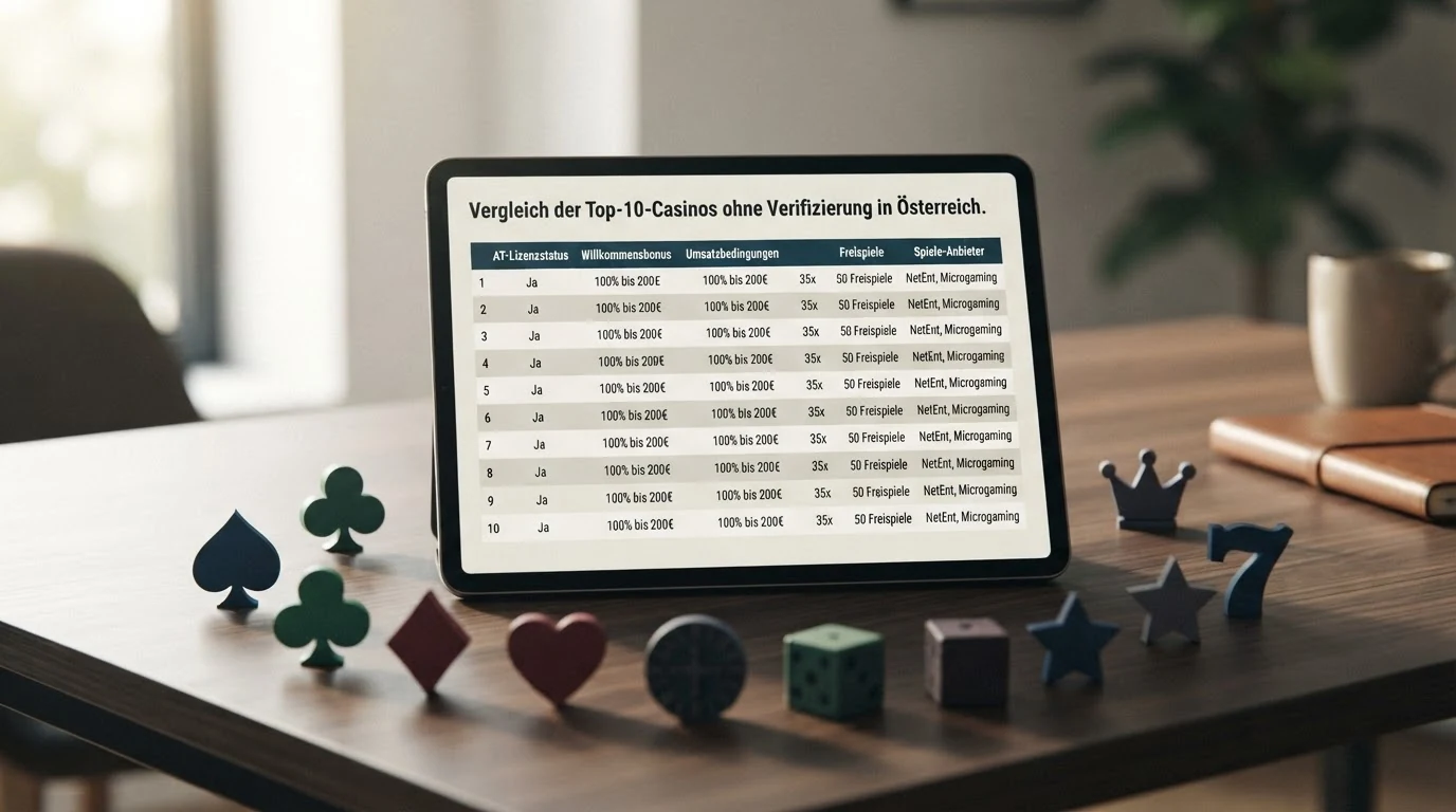 Eine tabellarische Übersicht mit den Logos der zehn vorgestellten Casino-Marken, daneben Vergleichsdaten in fünf Spalten: AT-Lizenzstatus, Willkommensbonus, Umsatzbedingungen, Freispiele und Spiele-Anbieter.