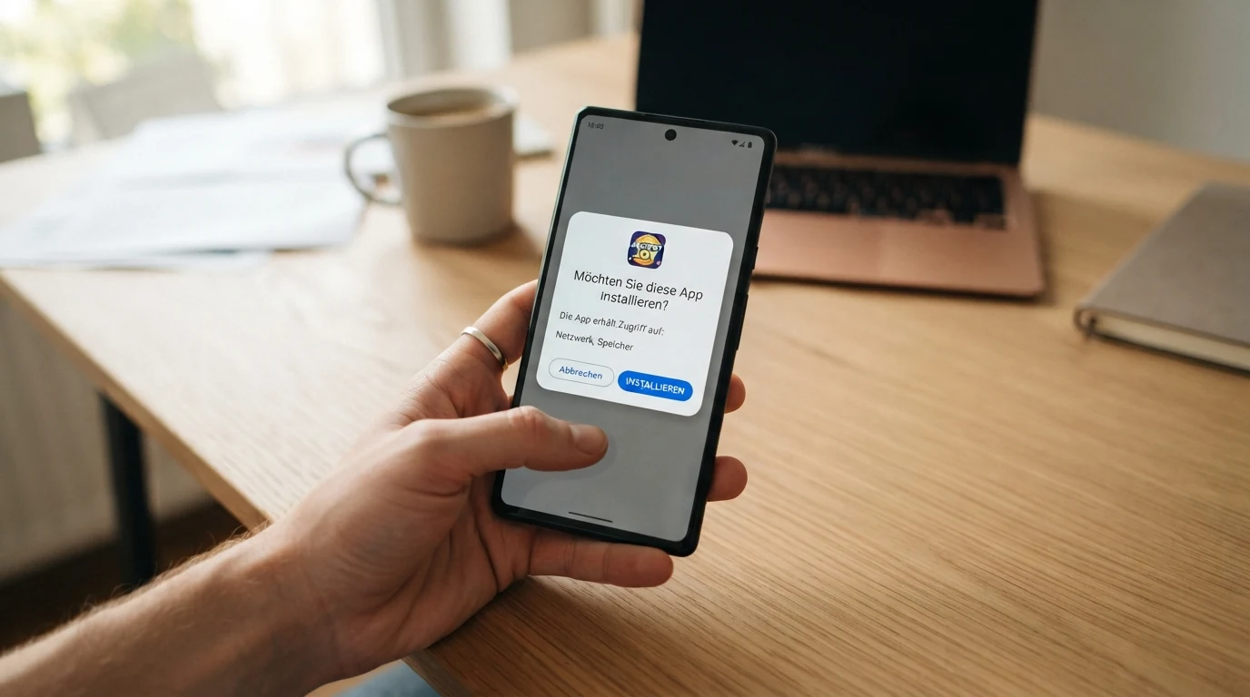 Android-Smartphone mit geöffnetem Installationsdialog für eine als APK heruntergeladene Casino-App