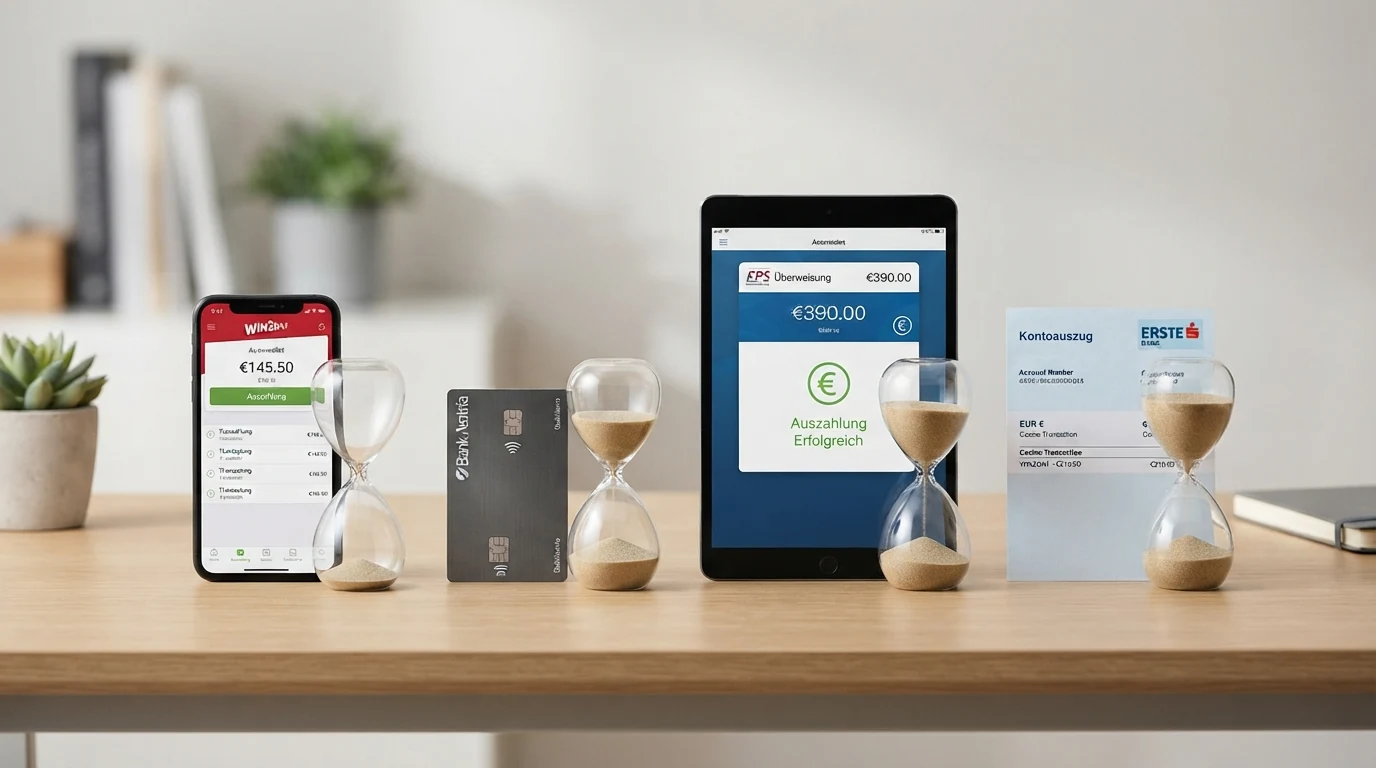 Vier Zahlungsmethoden-Symbole (E-Wallet, Kreditkarte, Bank, Krypto-Wallet) untereinander mit einer Stoppuhr daneben, die je nach Methode eine andere Zeit anzeigt