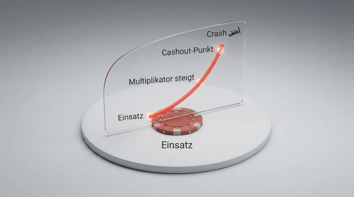 Grafische Darstellung einer Aviator-Runde: Einsatz, steigende Kurve, Cashout-Punkt und Crash-Marker
