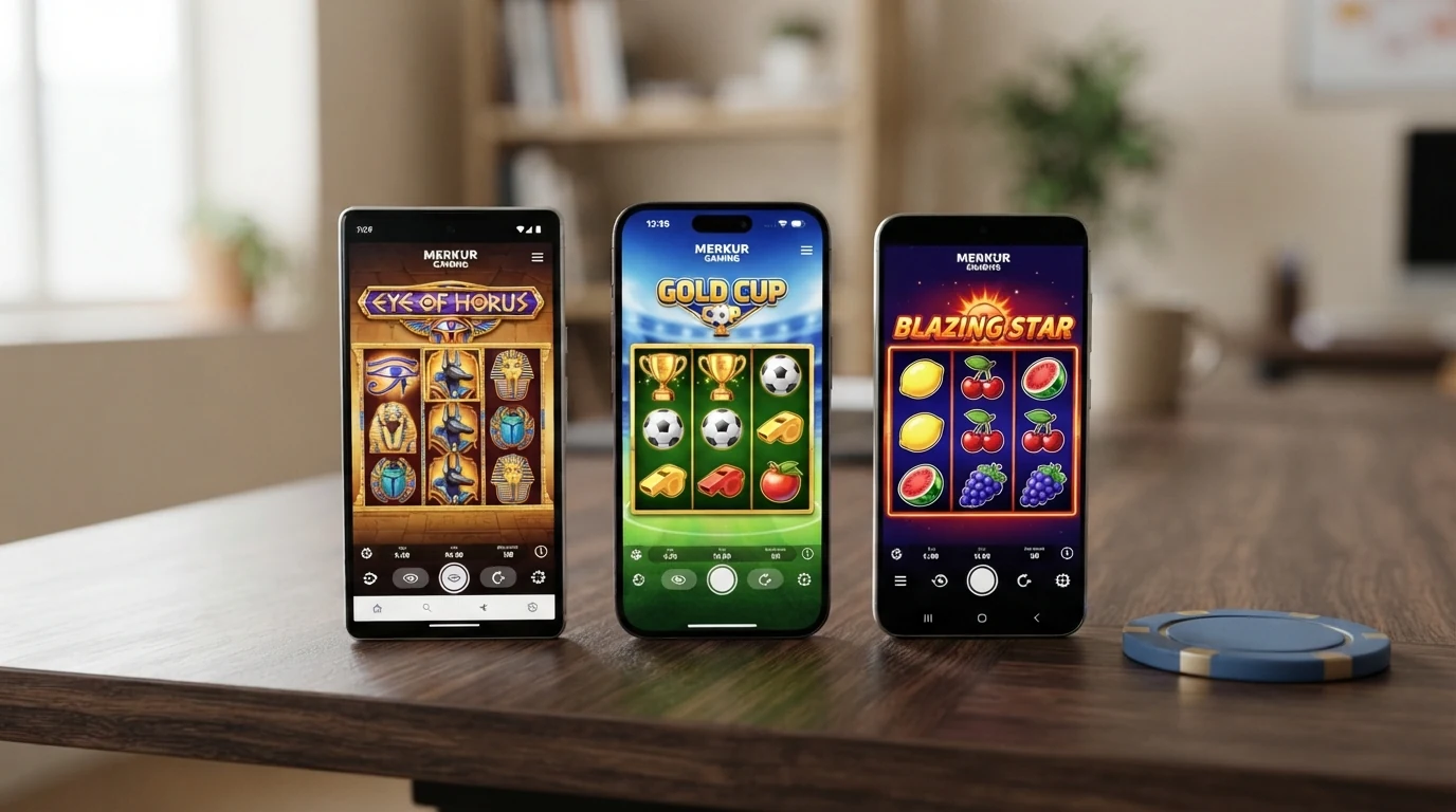 Drei Merkur-Slot-Bildschirme nebeneinander: Eye of Horus, Gold Cup und Blazing Star — jeweils mit sichtbaren Walzen und Spielsymbolen