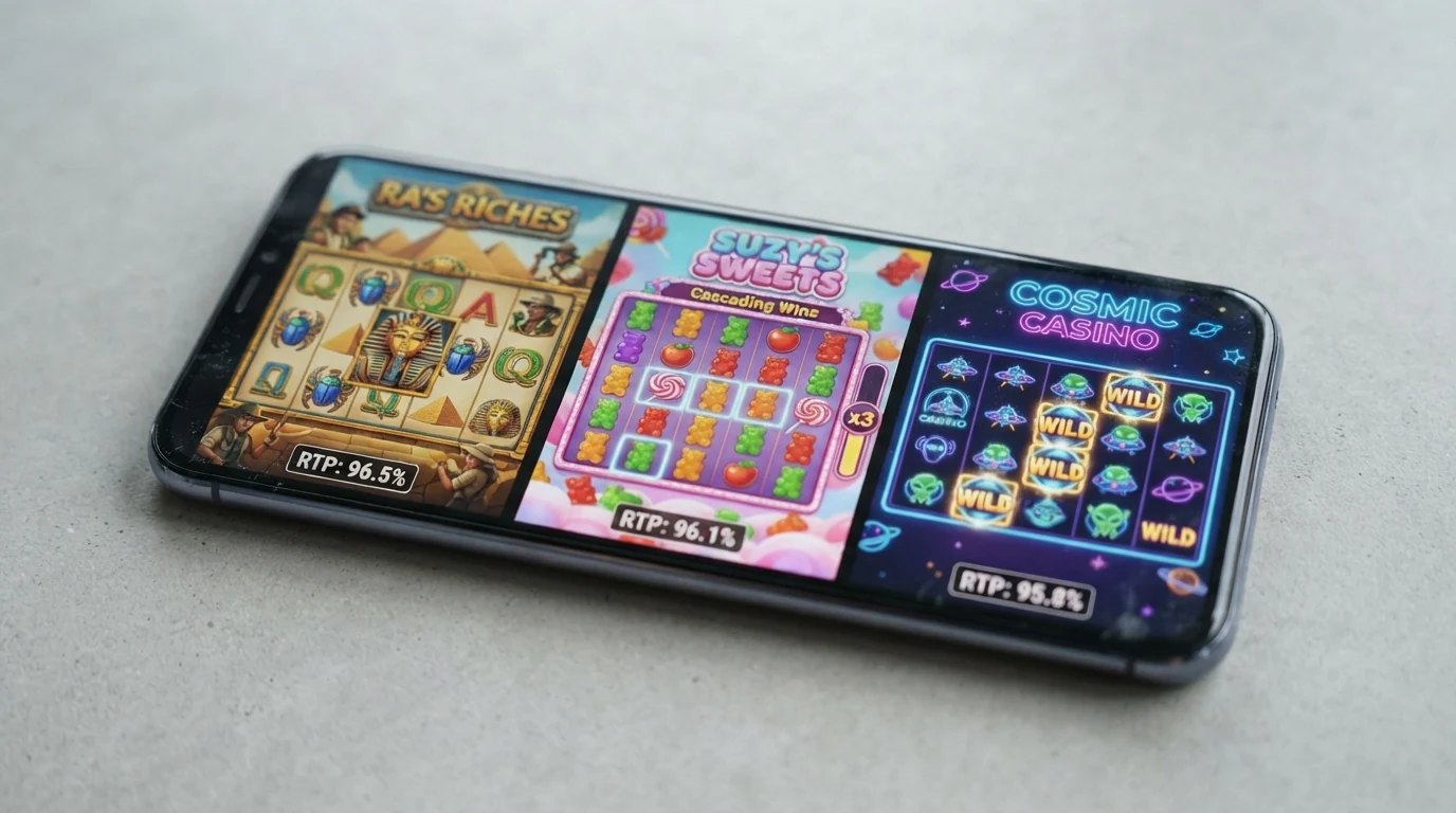 Drei Spielautomaten-Bildschirme nebeneinander: Book of Dead, Sweet Bonanza und Starburst mit eingeblendeten RTP-Werten