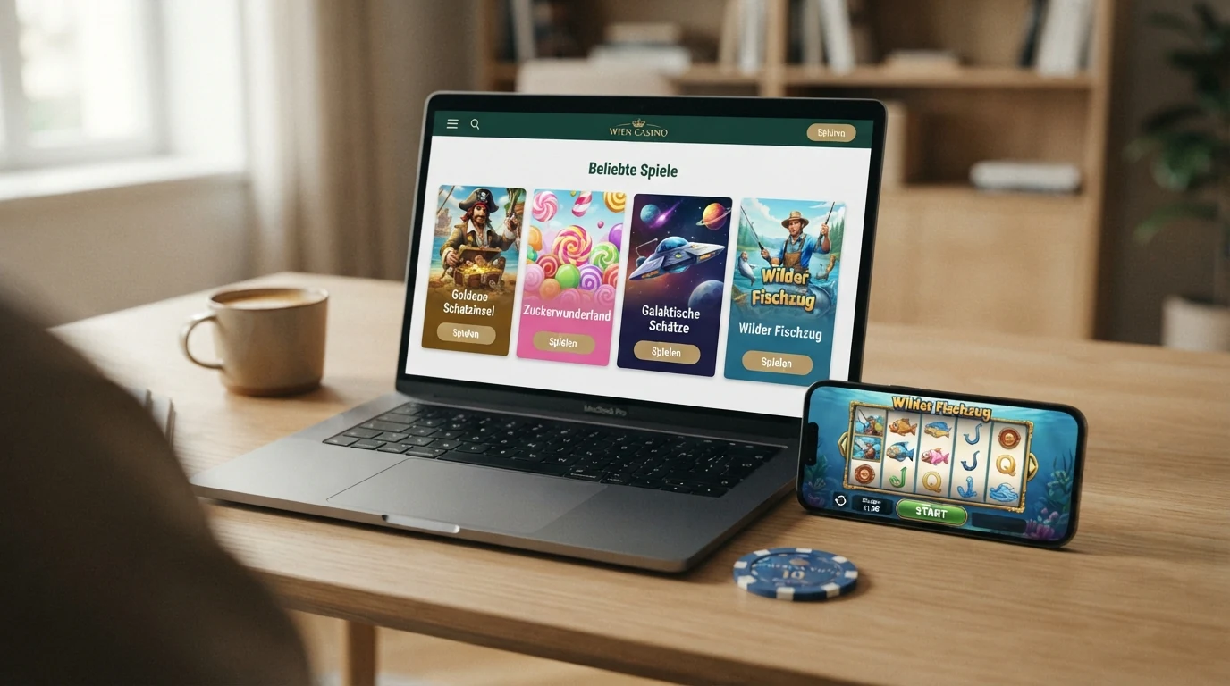 Vier beliebte Online-Spielautomaten — Book of Dead, Sweet Bonanza, Starburst und Big Bass Bonanza — auf einem Smartphone- und Laptop-Bildschirm nebeneinander dargestellt