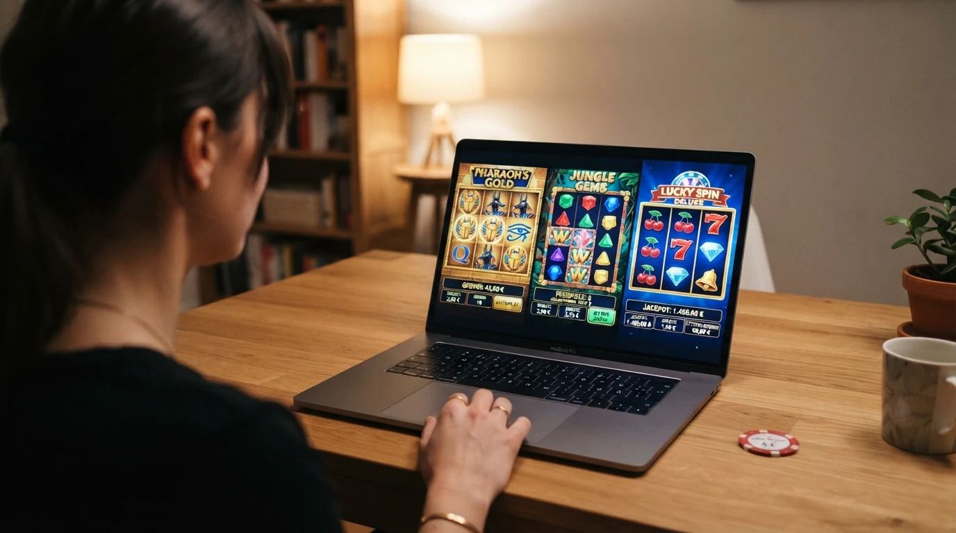 Die Spielautomaten Book of Dead, Gates of Olympus und Sweet Bonanza nebeneinander auf einem Bildschirm
