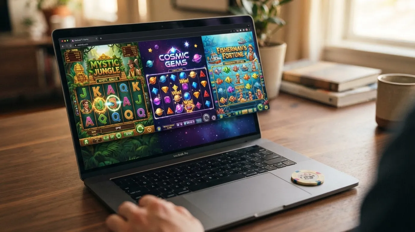 Drei Slot-Screenshots — Book of Dead, Starburst und Big Bass Bonanza — auf einem Bildschirm