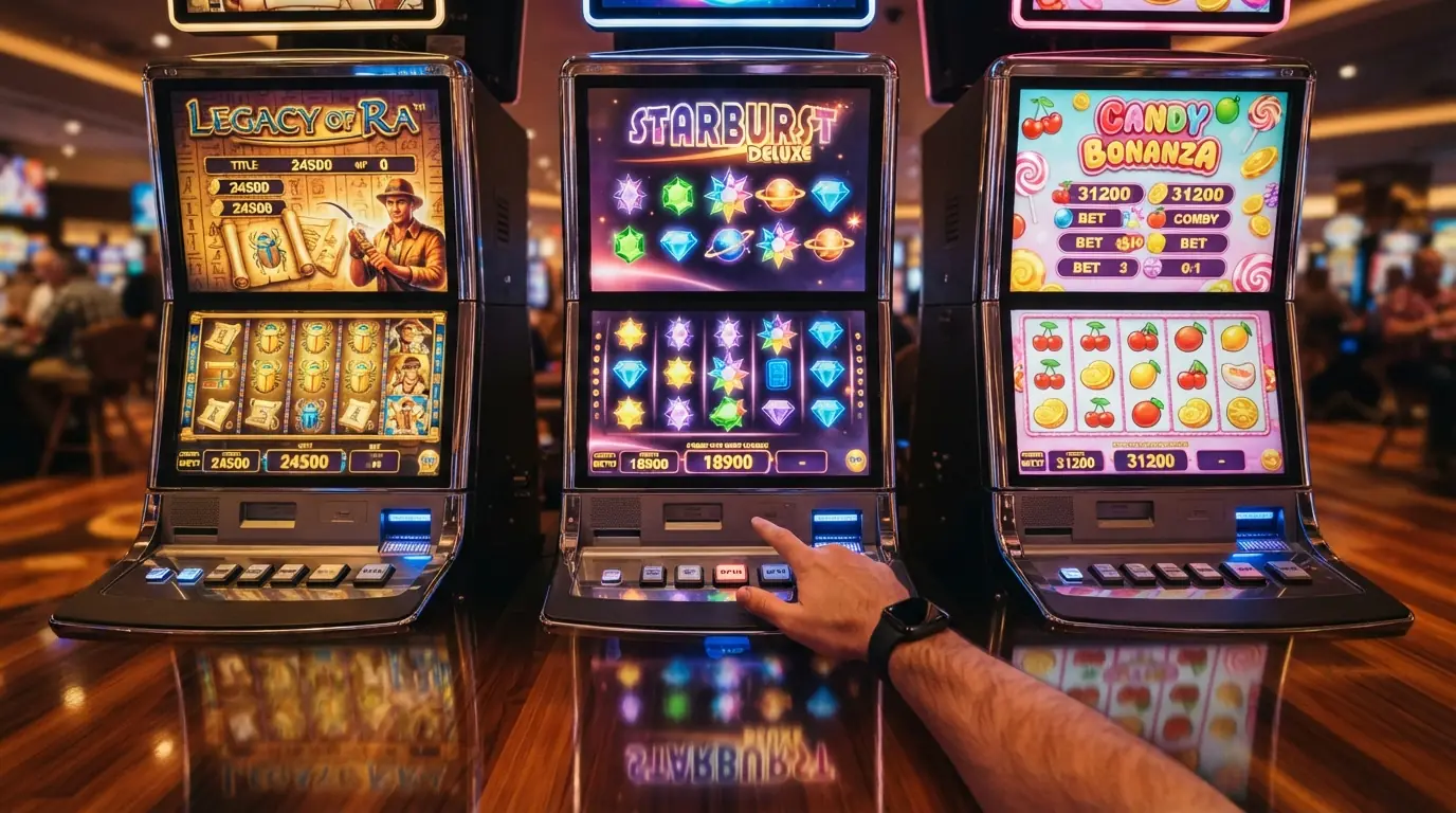 Bildschirm mit drei beliebten Spielautomaten-Oberflächen: Book of Ra, Starburst und Sweet Bonanza nebeneinander