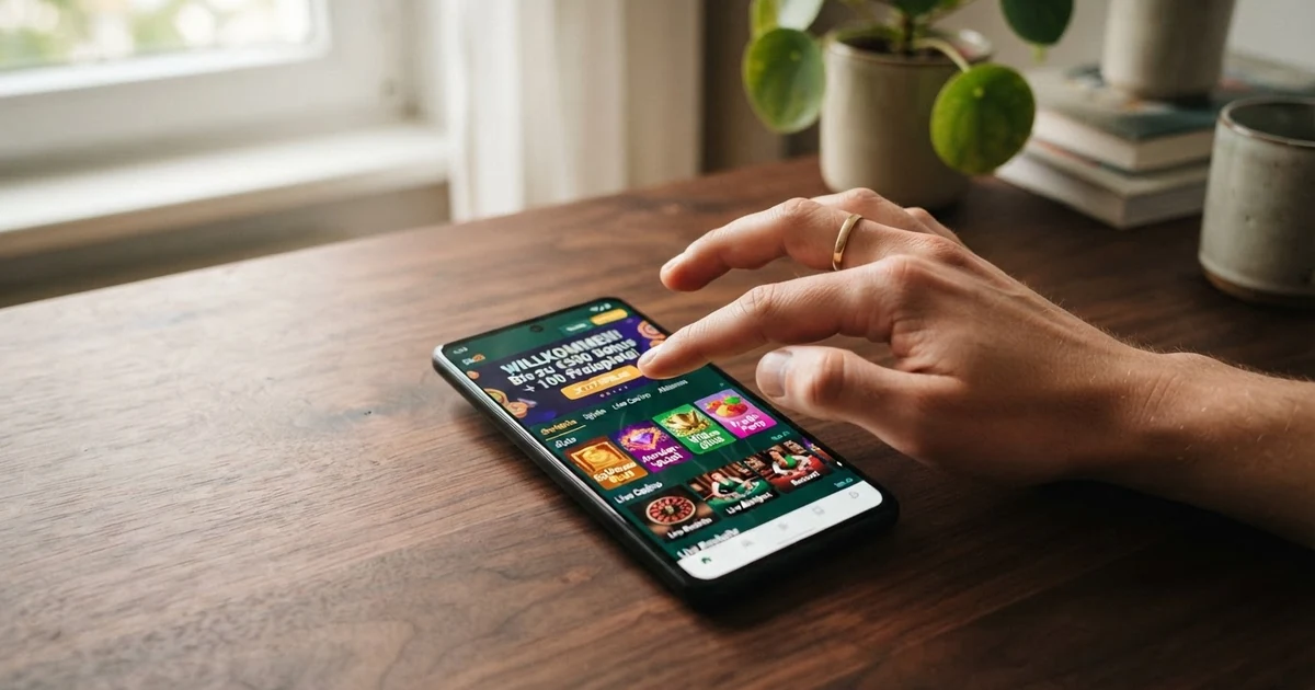 Startseite eines ausländischen Online-Casinos mit Spielauswahl, Willkommensbonus und Sprachauswahl auf Deutsch