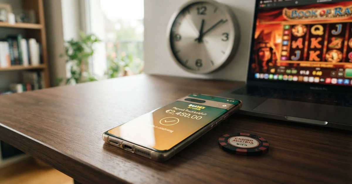 Eine Uhr mit schnelldrehenden Zeigern vor dem Bildschirm eines Online-Casinos, daneben ein Smartphone mit einer Auszahlungsbestätigung in Euro