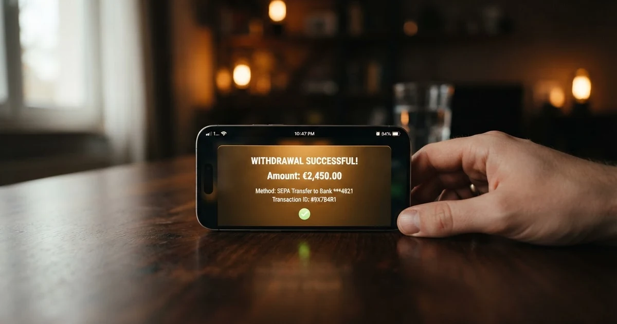Der Bildschirm eines Smartphones zeigt den bestätigten Auszahlungsbetrag in der Kasse eines Online-Casinos