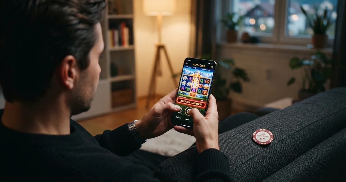 Nahaufnahme eines Smartphone-Bildschirms mit einem farbigen Jackpot-Slot-Spielfeld, im Hintergrund unscharf ein Spieler in einer Wohnzimmer-Umgebung