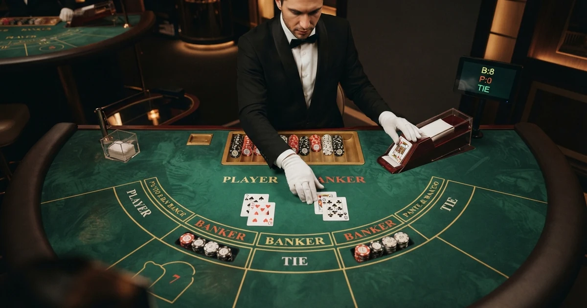 Live-Baccarat-Tisch mit Dealer im Studio, Nahaufnahme der Kartenausgabe, mehrere Wettfelder im Bild