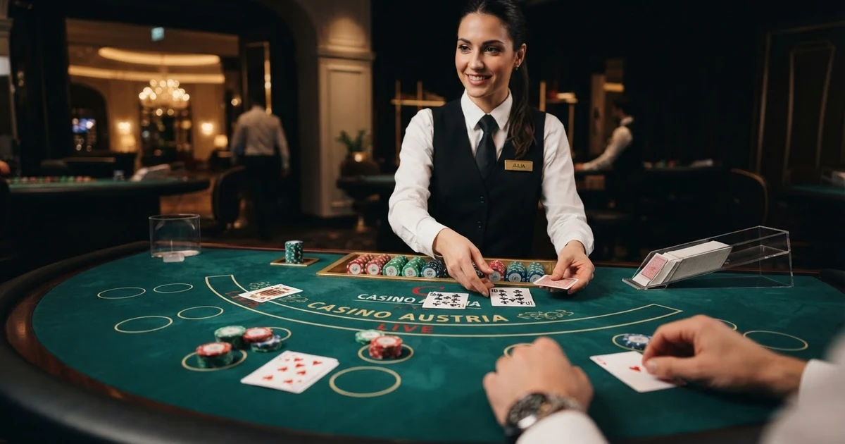 Ein Live-Dealer an einem Blackjack-Tisch, im Bild: Karten auf grünem Filz, ein Wettfeld mit Chips und der Croupier im Hintergrund