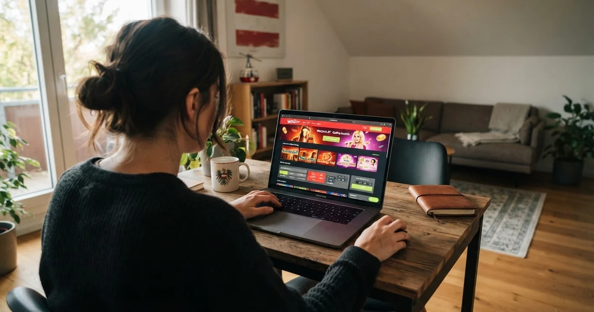Eine Person sitzt vor einem Laptop mit einer Online-Casino-Startseite, im Hintergrund eine stilisierte Österreich-Flagge