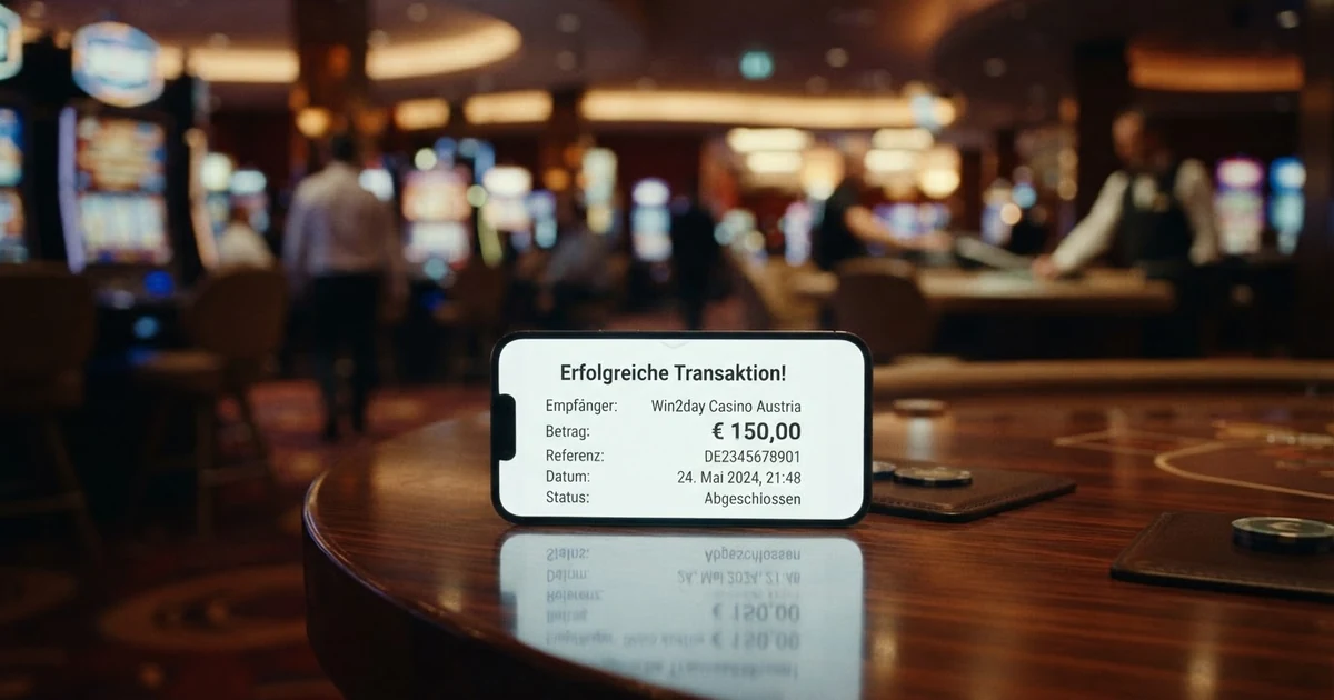 Eine Smartphone-Anzeige mit einer abgeschlossenen Banküberweisung auf ein Online-Casino-Konto, im Hintergrund eine Casino-Lobby mit Spielautomaten