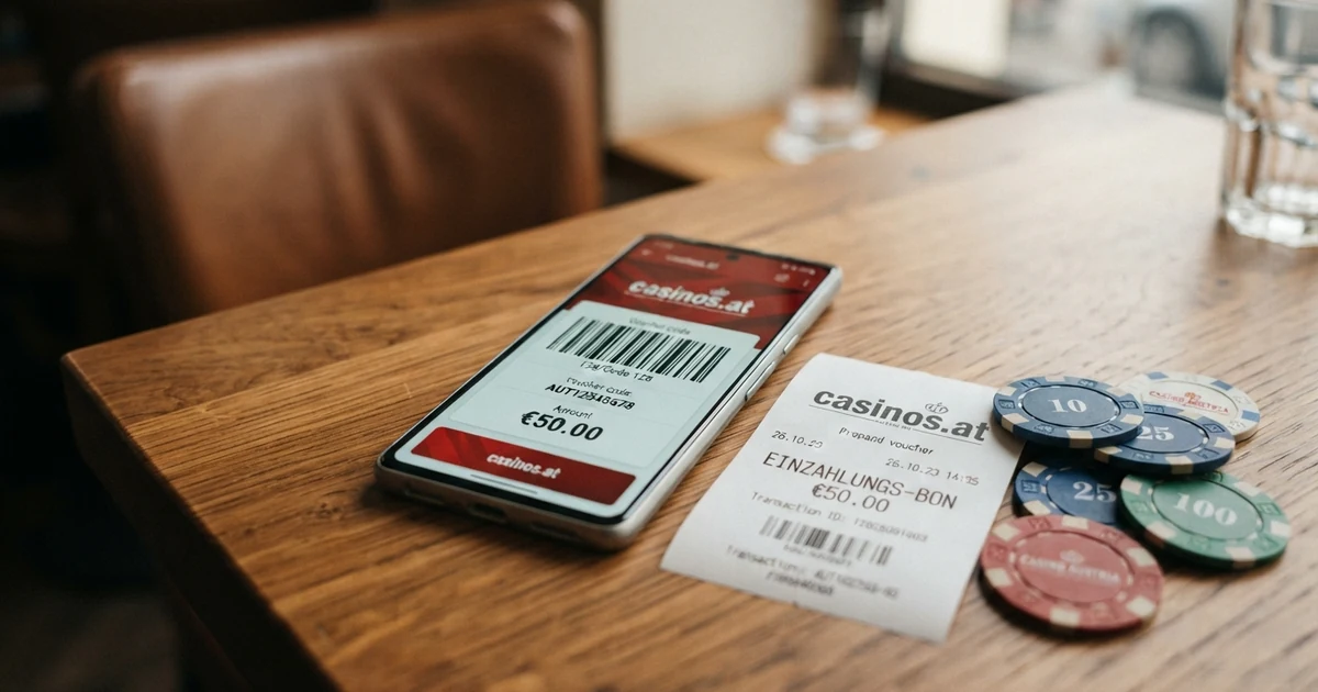 Ein geöffnetes Smartphone zeigt einen CashtoCode-Barcode neben einem Kassenbon und Euro-Scheinen auf einem Holztisch.