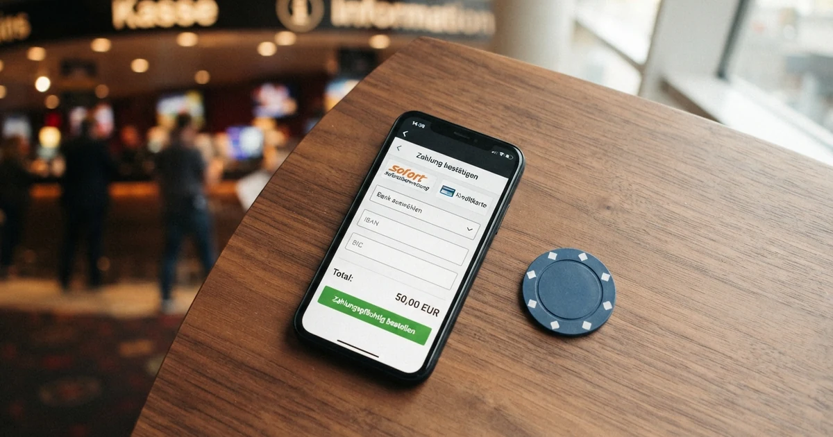 Eine Nahaufnahme eines Smartphone-Bildschirms mit der geöffneten Klarna-Sofortüberweisung-Oberfläche, im Hintergrund angedeutet das Casino-Kassenfenster mit dem Klarna-Logo als ausgewählter Zahlungsmethode