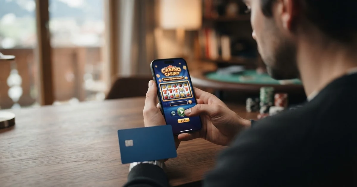 Eine Mastercard-Kreditkarte auf einem Smartphone-Bildschirm neben Casino-Spielfiguren, im Hintergrund die angedeutete Benutzeroberfläche eines Online-Casinos