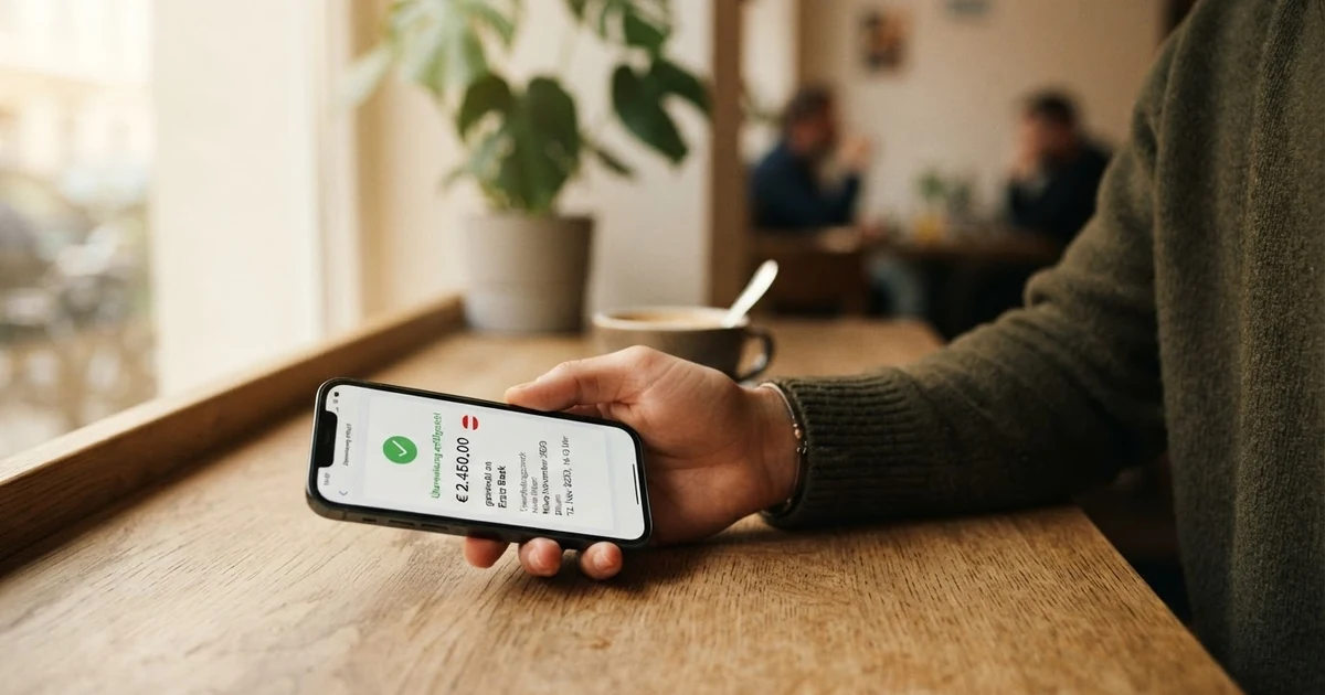 Eine Person hält ein Smartphone mit einer geöffneten Casino-App, auf dem Bildschirm ist eine Trustly-Zahlungsbestätigung zu sehen