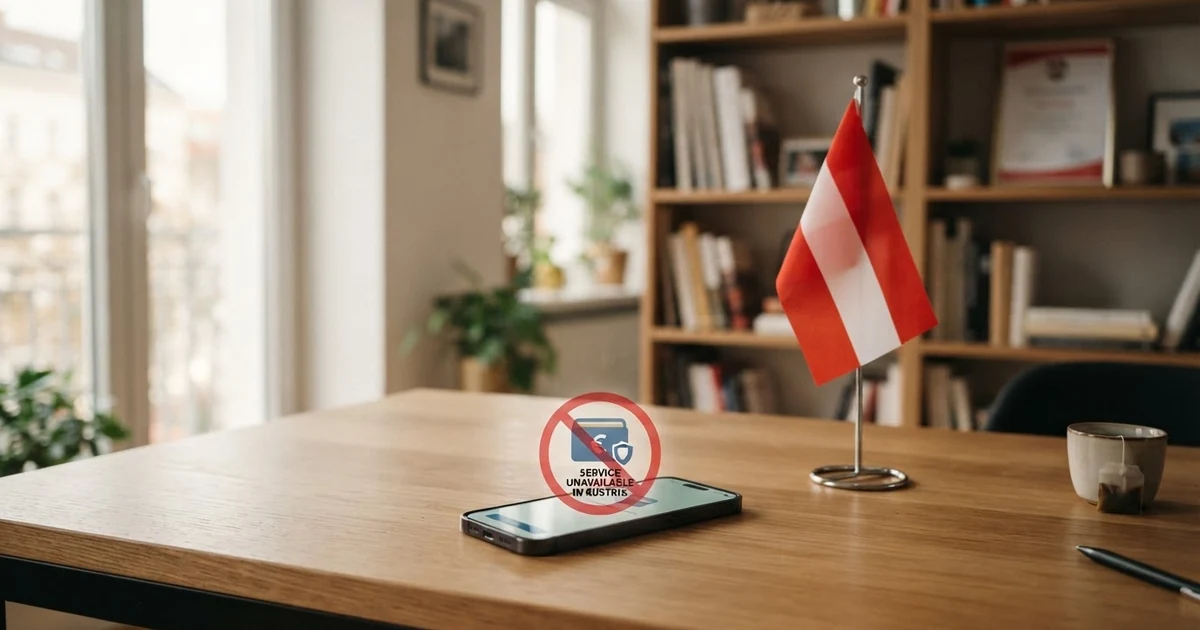 Ein gesperrtes PayPal-Logo vor dem Hintergrund der österreichischen Flagge — Symbolbild für den Rückzug aus dem Glücksspielsektor