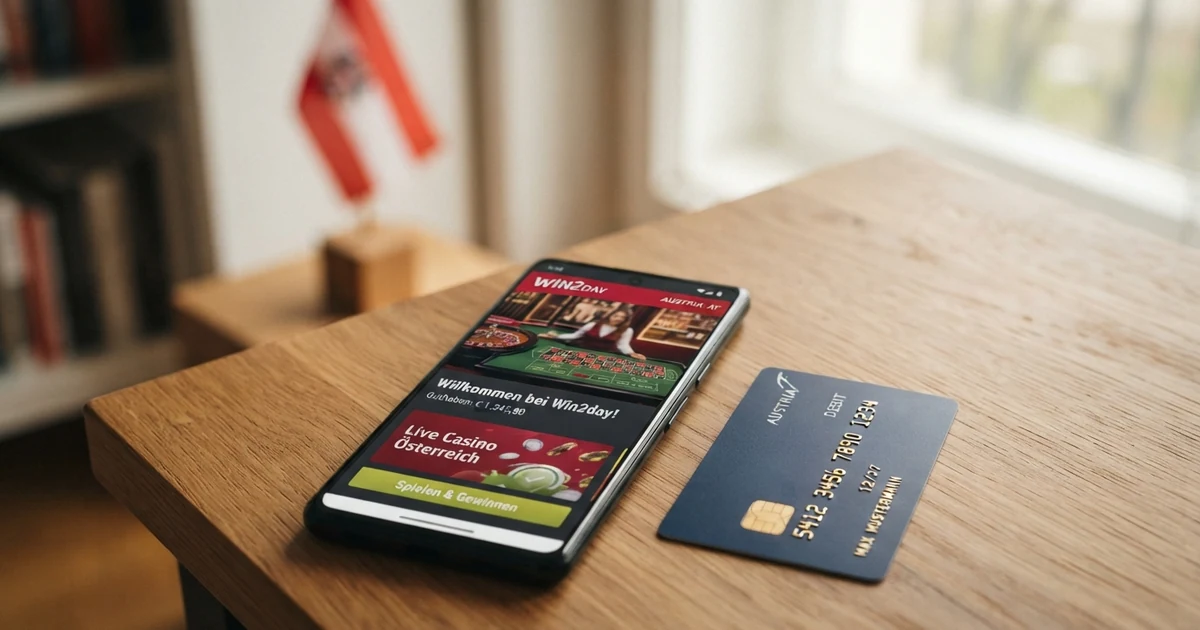 Eine Revolut-Debitkarte liegt neben einem Smartphone mit geöffneter Casino-App, im Hintergrund eine Österreich-Flagge
