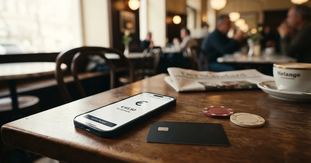 Ein Smartphone mit geöffneter Skrill-App und Casino-Karten im Hintergrund, auf einem Tisch in einem Wiener Kaffeehaus