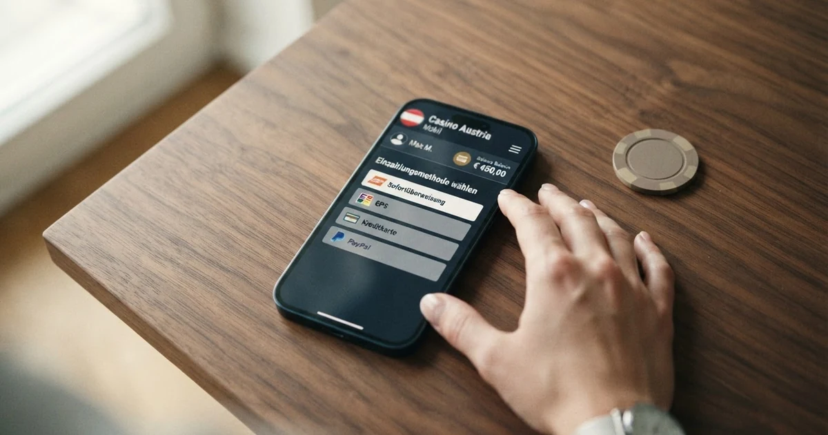 Ein Smartphone-Bildschirm mit einer Casino-App, auf dem die Zahlungsoption „Klarna / Sofort“ ausgewählt ist, daneben das Logo der österreichischen Flagge