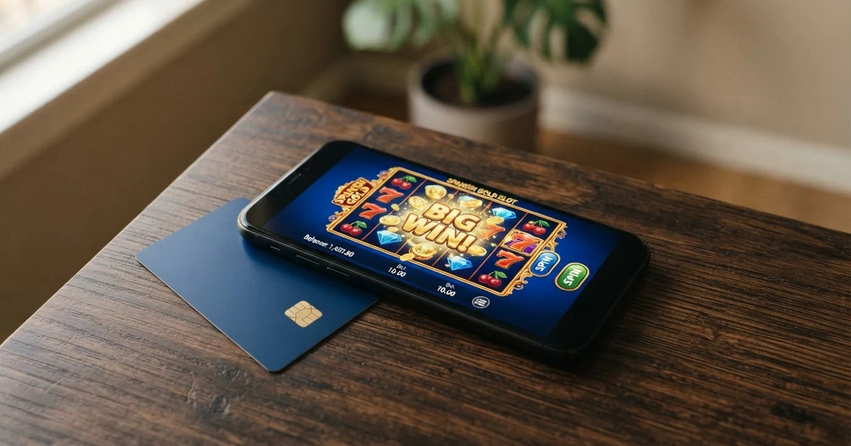 Eine Visa-Kreditkarte liegt auf einem Smartphone, das eine Casino-App im Hochformat anzeigt