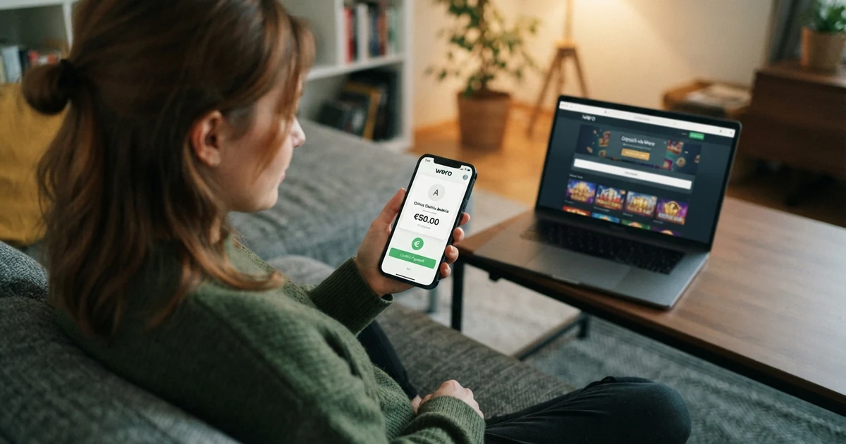 Eine Hand hält ein Smartphone mit geöffneter Wero-App, im Hintergrund ist eine Casino-Website auf einem Laptop-Bildschirm angedeutet