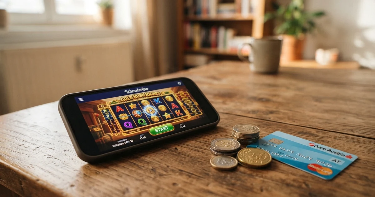 Ein Smartphone mit geöffneter Casino-App auf einem Tisch, daneben ein kleiner Stapel Euro-Münzen und eine österreichische Bankkarte
