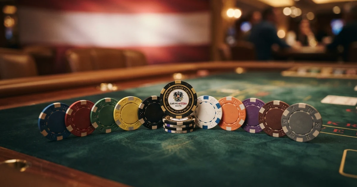 Zehn Online-Casino-Logos aufgereiht vor einer Österreich-Karte, mit win2day hervorgehoben im Zentrum