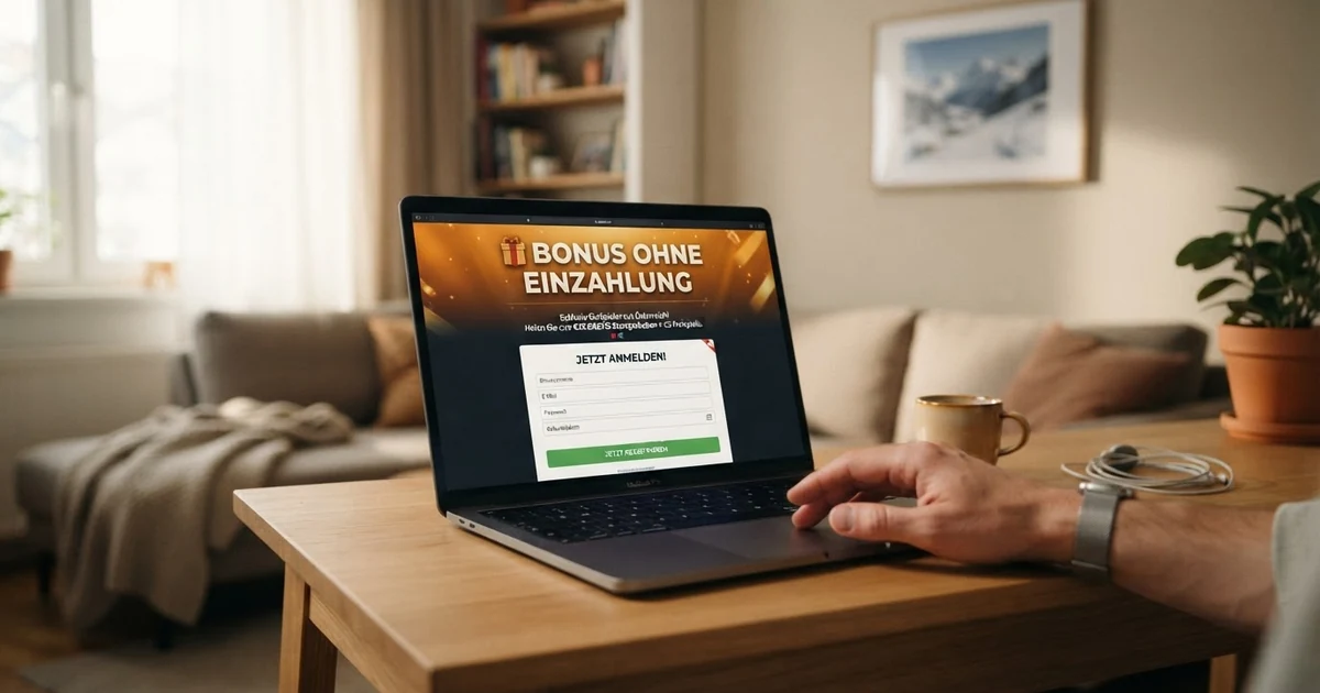 Ein geöffneter Laptop zeigt die Registrierungsseite eines Online Casinos mit einem hervorgehobenen „Bonus ohne Einzahlung“-Banner