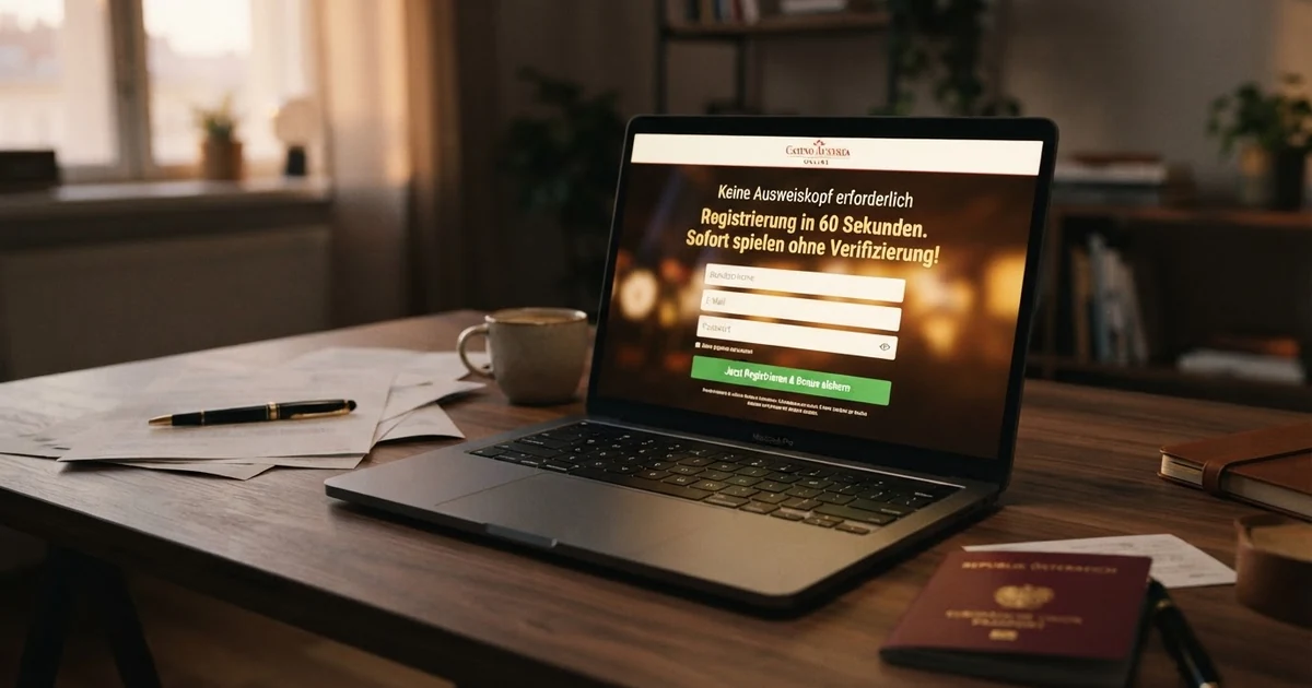 Ein Laptop-Bildschirm zeigt ein Online-Casino-Registrierungsformular mit einem hervorgehobenen Hinweisfeld: „Keine Ausweiskopie erforderlich — Registrierung in 60 Sekunden." Im Hintergrund ist ein österreichischer Reisepass halb verdeckt auf einem Schreibtisch zu sehen.