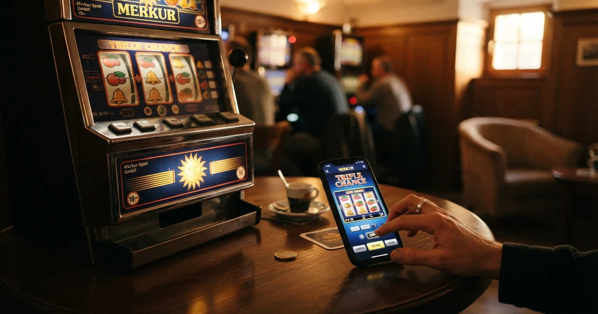 Eine Spielhalle mit Merkur-Spielautomaten in Österreich, daneben ein Smartphone mit geöffnetem Online-Casino – der Übergang vom landbasierten zum Online-Spiel