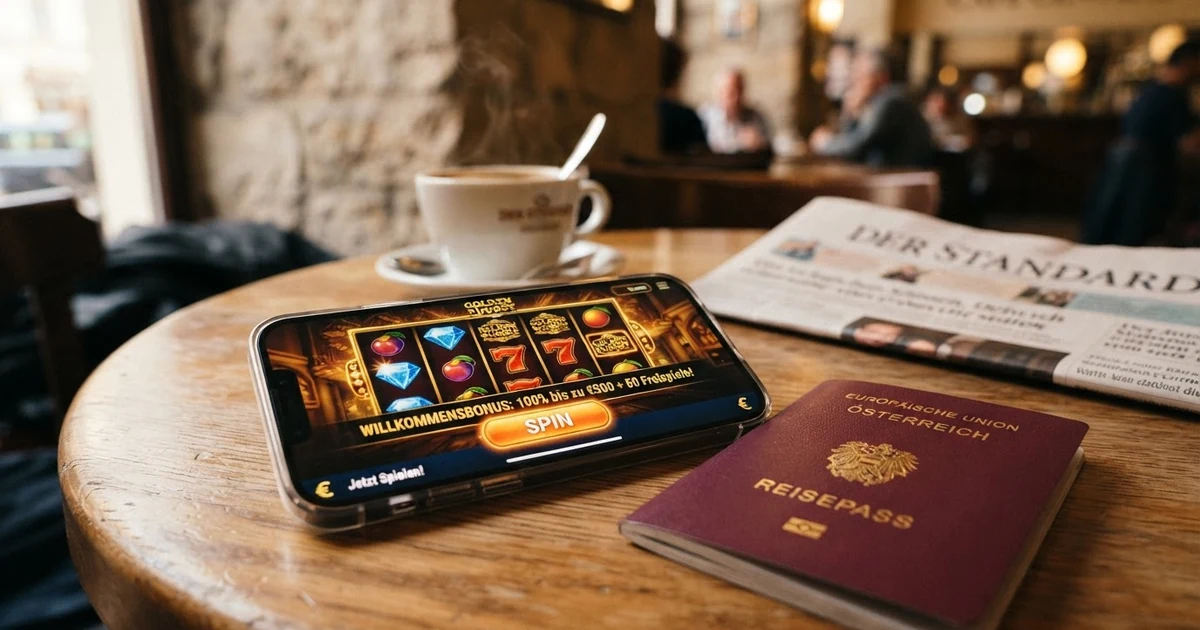 Ein geöffnetes Smartphone mit Casino-Willkommensbonus-Werbung auf dem Bildschirm, daneben ein österreichischer Reisepass