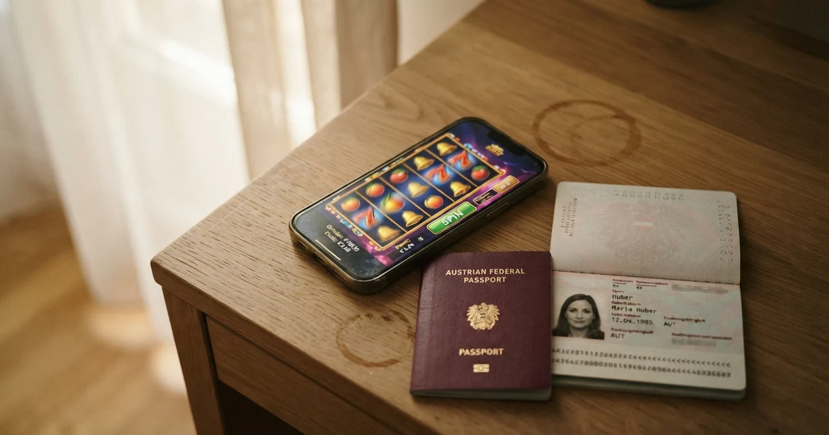 Ein Smartphone mit geöffneter Casino-Website, daneben ein österreichischer Reisepass — das Bild zeigt den Widerspruch zwischen No-Account-Werbung und AT-Rechtslage