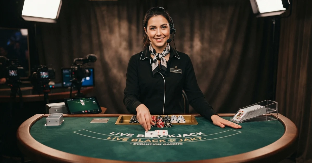 Live-Croupier an einem Spieltisch in einem professionellen Casino-Studio mit mehreren Kameraperspektiven und Beleuchtung