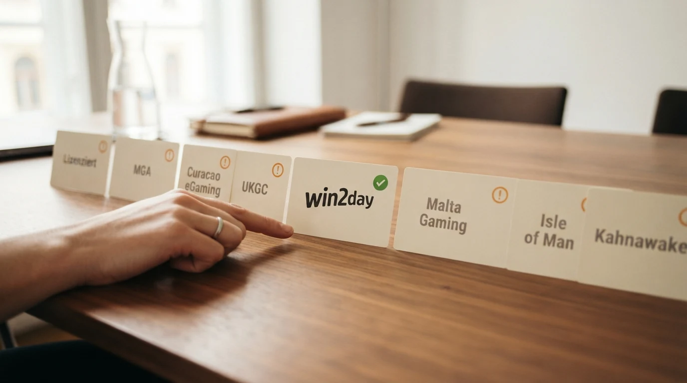 Zehn Casino-Logos in einer Reihe, win2day mit grünem Haken, die übrigen neun mit orangefarbenem Hinweis-Symbol