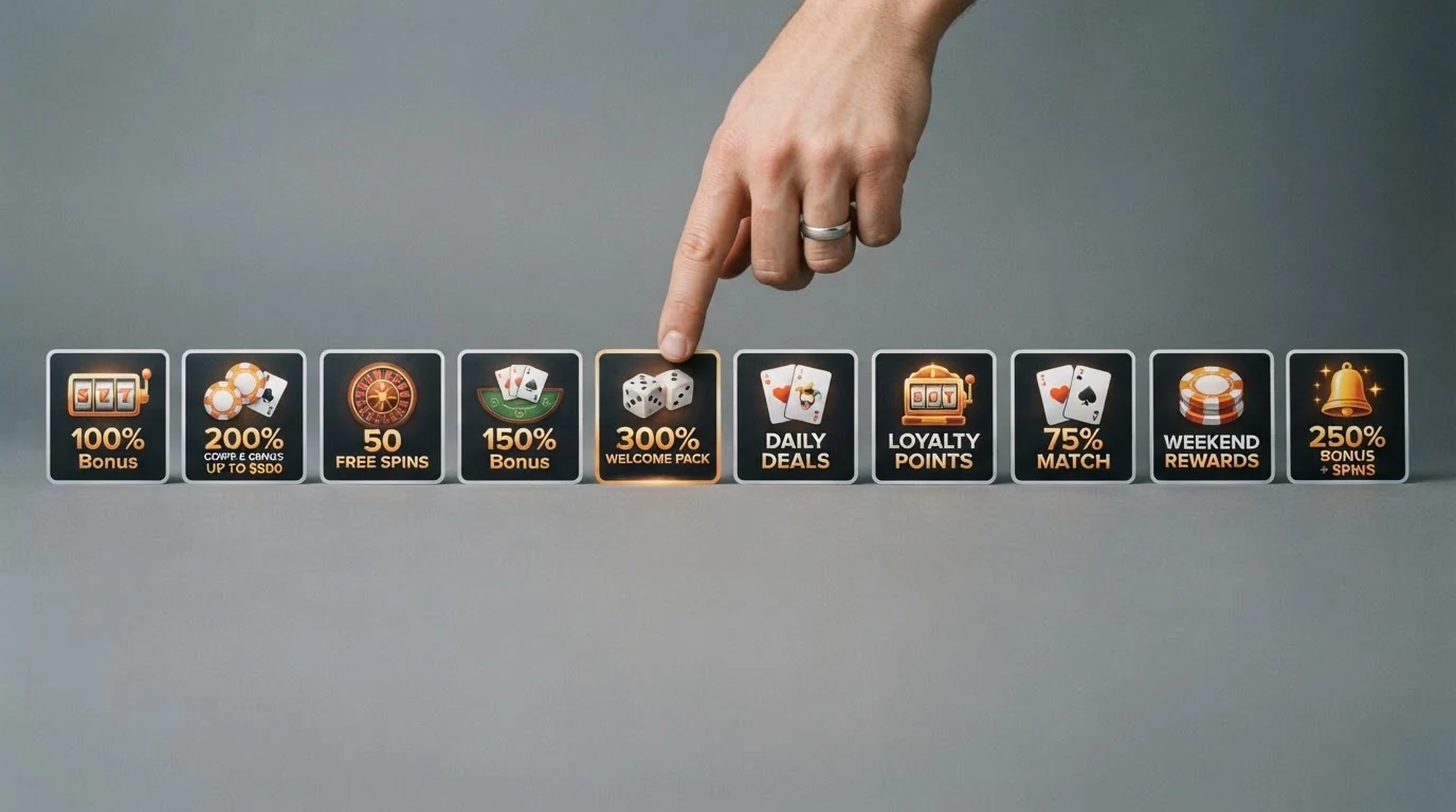 Zehn Krypto-Casino-Logos in einer Vergleichsmatrix mit hervorgehobenen Bonus-Prozentsätzen
