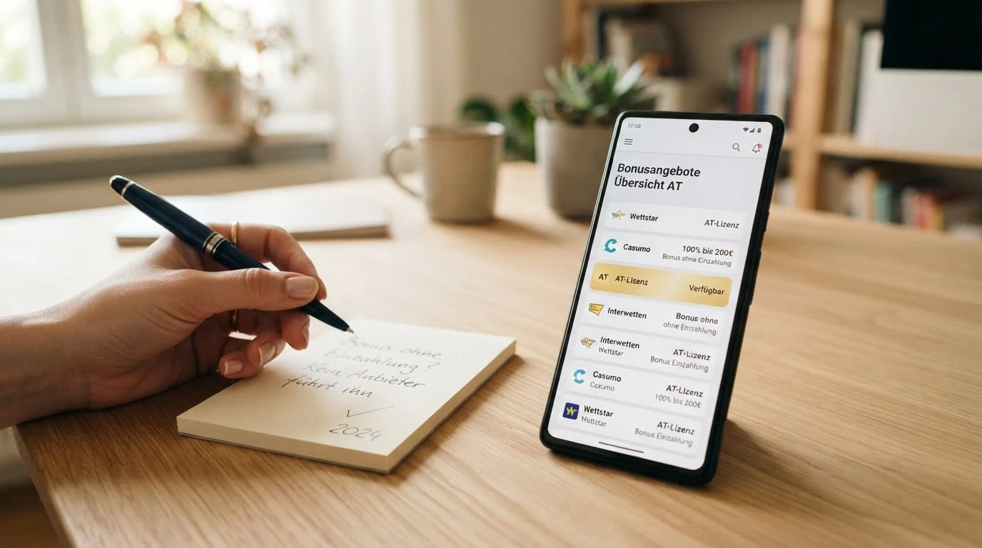 Vergleichstabelle auf einem Smartphone-Display mit hervorgehobener AT-Lizenz-Spalte, daneben ein Stift und ein Notizblock mit der Zeile „Bonus ohne Einzahlung? Kein Anbieter führt ihn"