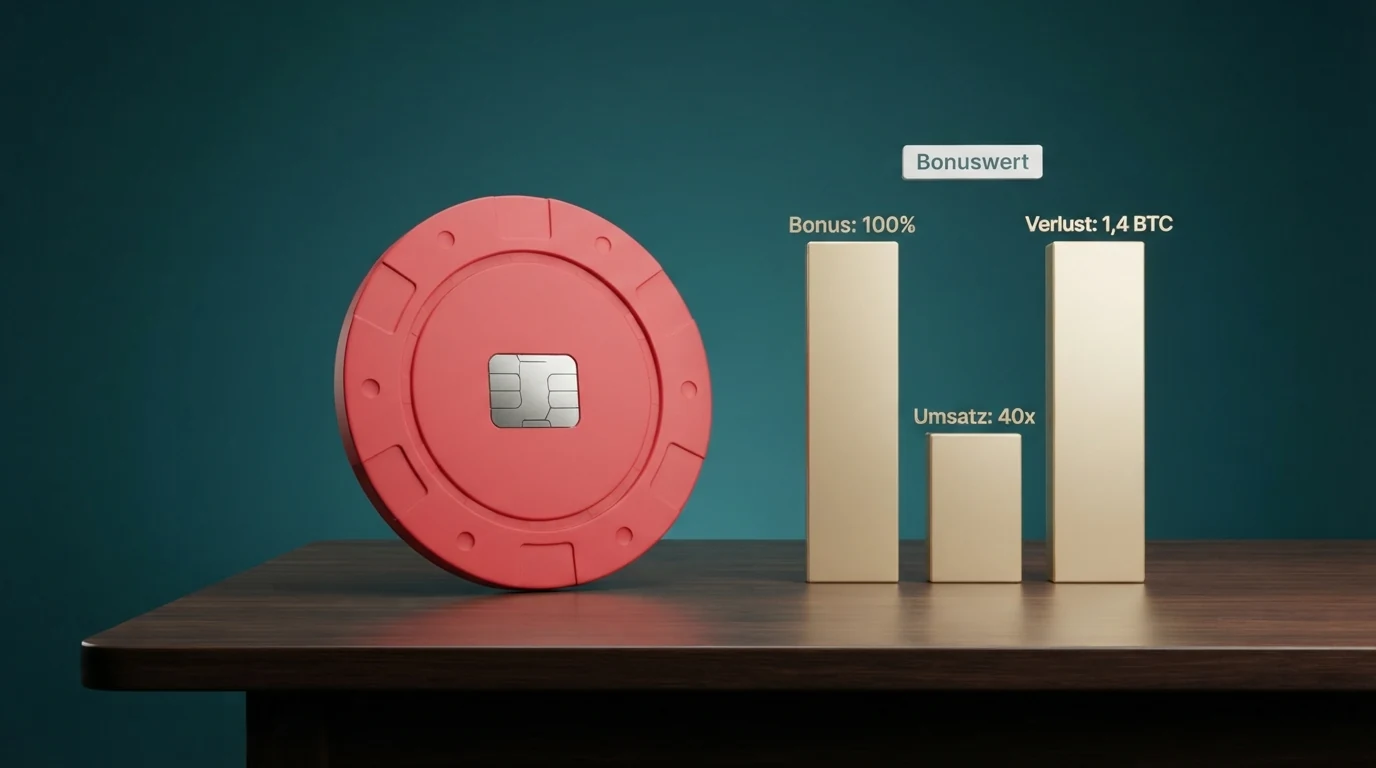 Eine grafische Darstellung, wie ein 100-%-Bonus durch eine 40x-Umsatzbedingung schrumpft — von der versprochenen Summe über den erforderlichen Einsatz bis zum erwartbaren Rest