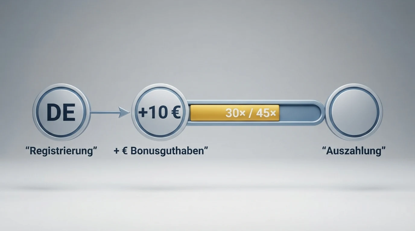 Ein schematisch dargestellter Bonus-Ablauf: Von der Registrierung über das Bonus-Guthaben („+10 €“) zur Umsatzphase mit einem Fortschrittsbalken („30× / 45×“) bis zur Auszahlung