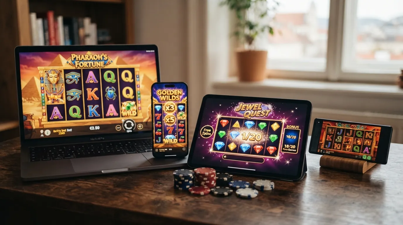 Vier bunte Spielautomaten-Bildschirme mit Book of Dead, Starburst, Gates of Olympus und Book of Ra, dargestellt auf Laptop und Smartphone nebeneinander